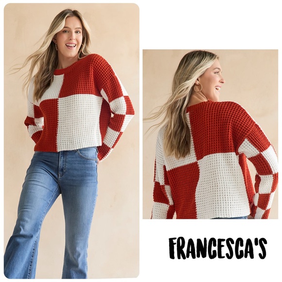 New Francesca’s Terracotta & White Checkered Crewneck Chenille Pullover Sweater - Picture 1 of 5